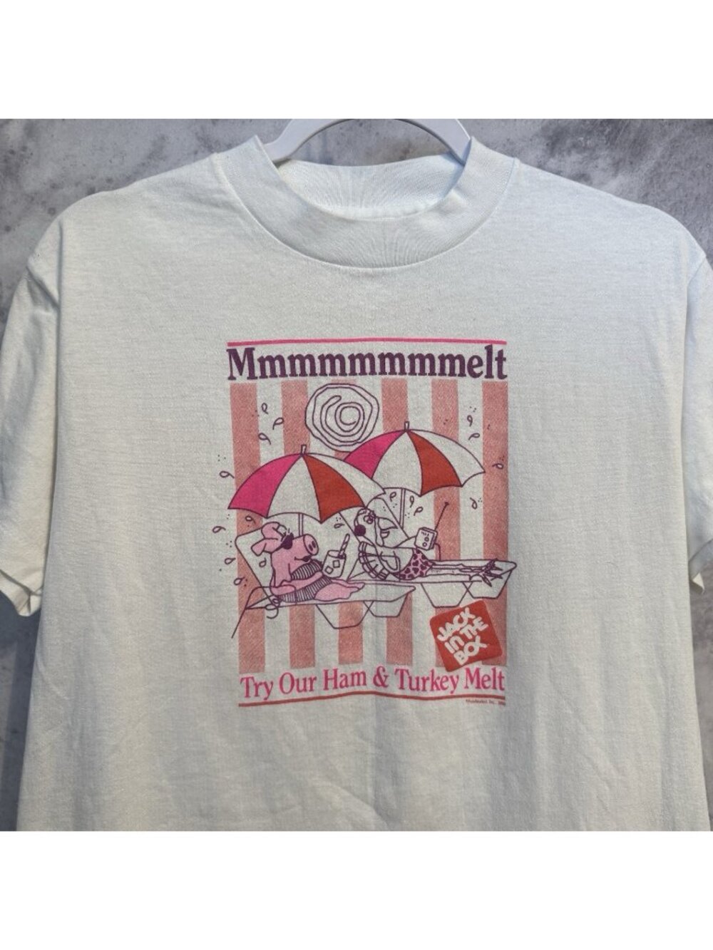 Vtg Jack in the Box T Shirt Medium Tee Jays White Fast Food Turkey Pig Cartoon